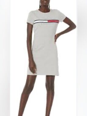 Tommy Hilfiger Short Sleeve Logo T-Shirt Dress , Large, Heather Grey